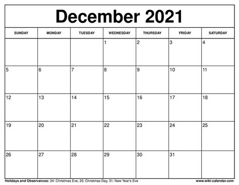 December 2021 Calendar Printable Free